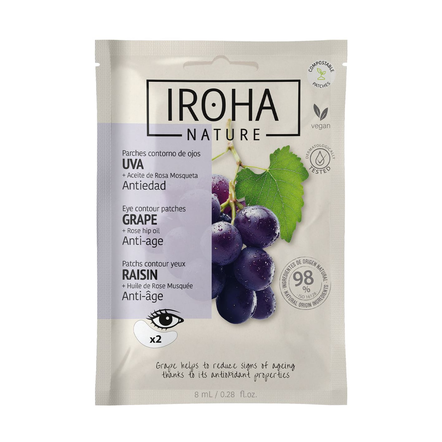 Антивікові патчі для шкіри навколо очей Iroha Nature Grape + Rose Hip Oil Anti-Age Eye Contour Patches з виноградом та олією шипшини, 2 шт
